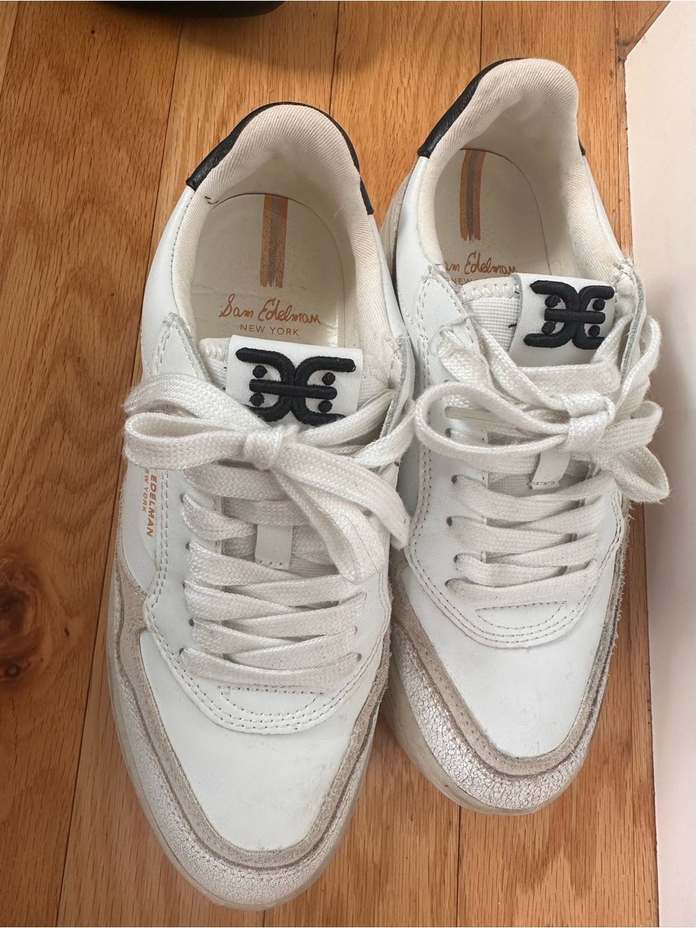 Sam Edelman White Sneakers with Black Logo and Metallic Trim